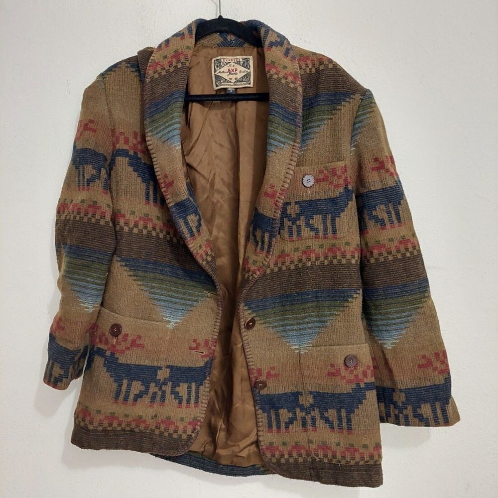 Express Vintage 80s 90s Brown Southwest Aztec Womens Jacket Sz M Button-Up Lined - Picture 7 of 13